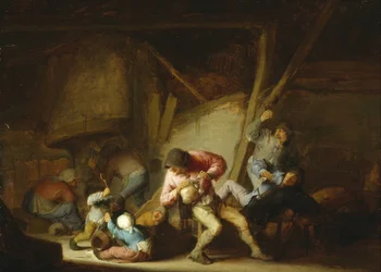 Innenraum mit trinkenden Figuren und weinenden Kindern